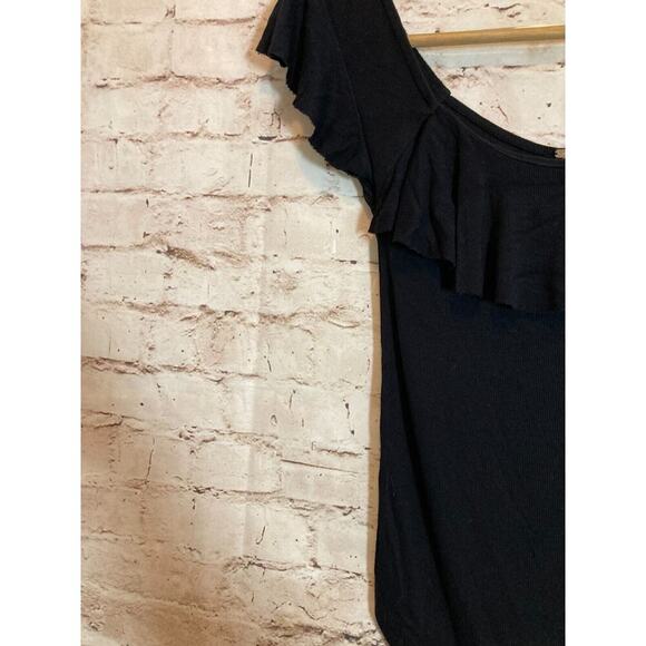 Free People Top Womens Small Black Raw Hem Ruffle Ribbed Whimsy Goth Stretch - Picture 5 of 13